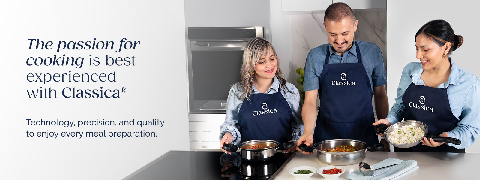 02 Classica Regal premium stainless steel cookware sets with healthy home-cooked meals served on a dinner table.