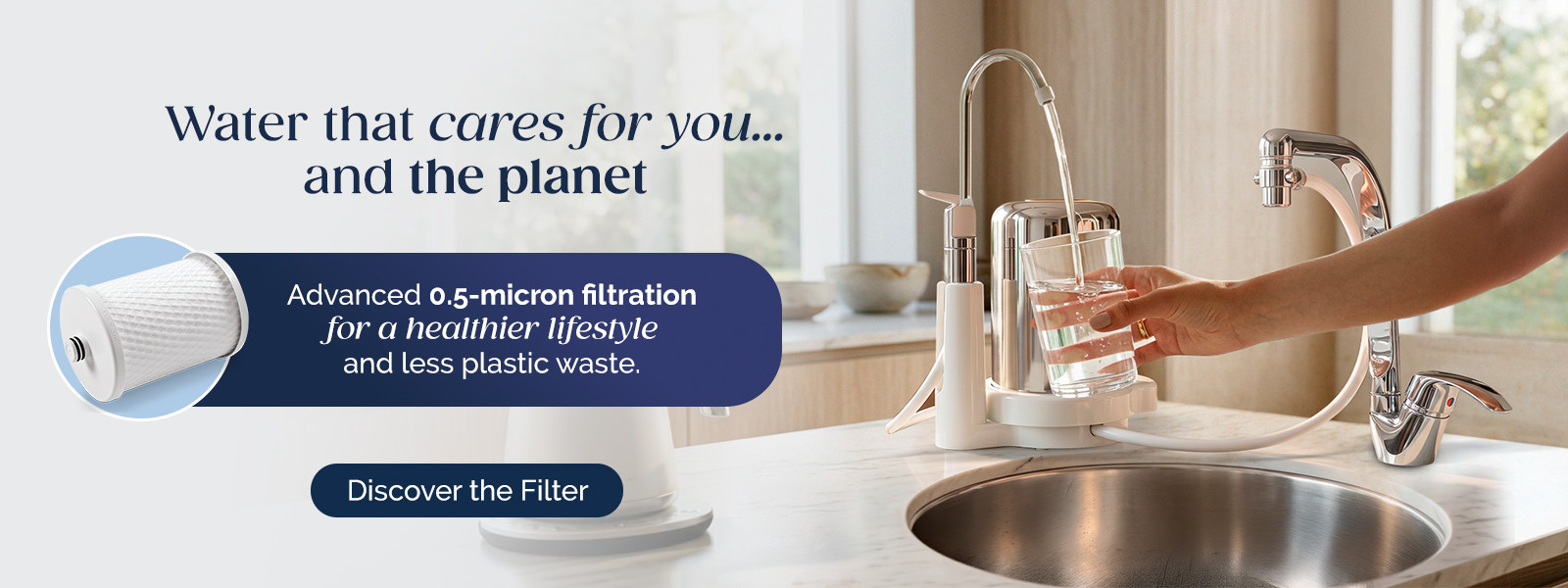 01 Classica stainless steel countertop water filter and Club WaterSystems purifier system in a modern kitchen.