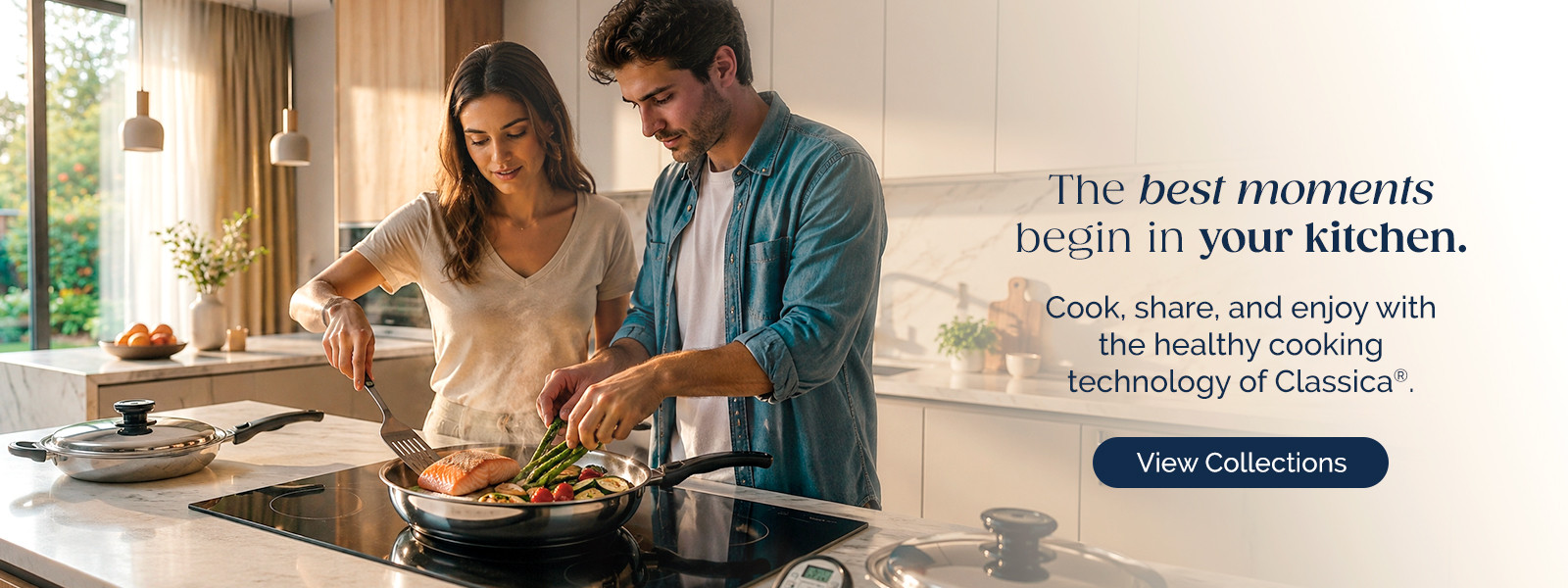 00 Chef tossing and cooking fresh colorful vegetables in a Classica stainless steel skillet for healthy cooking.