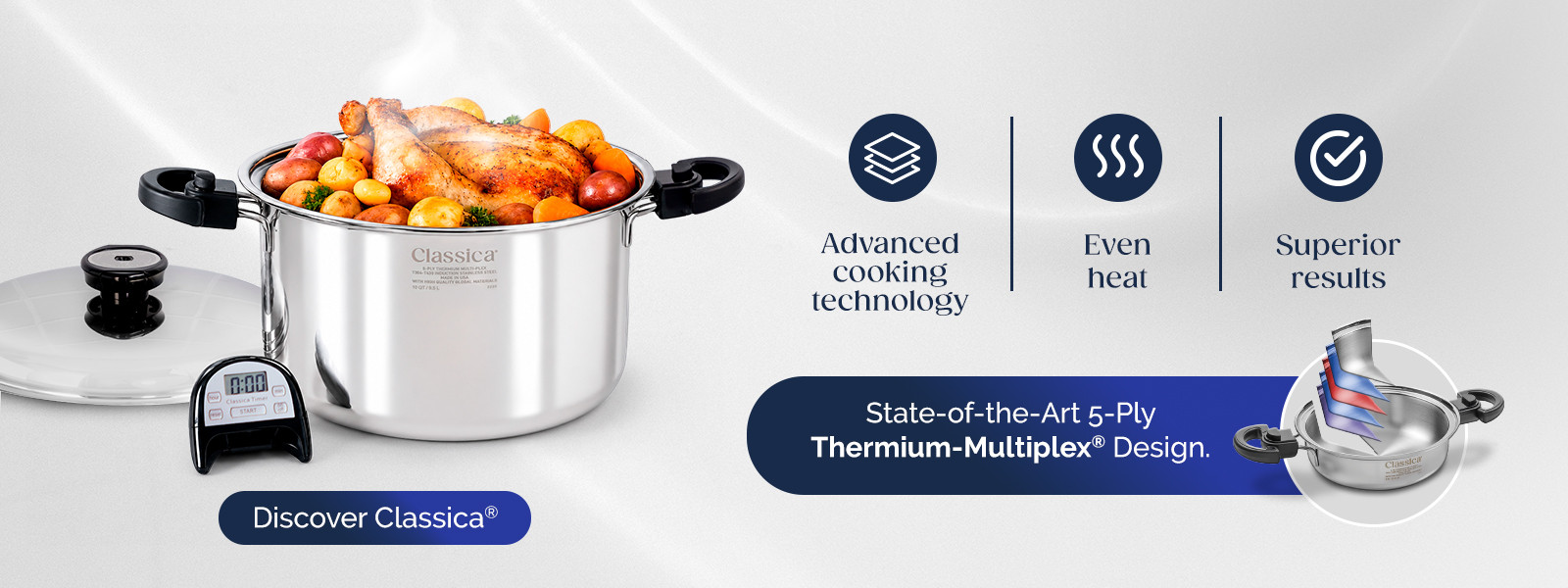 04 Classica stainless steel pots and pans featuring 5-ply advanced Thermium-Multiplex multi-layer technology.