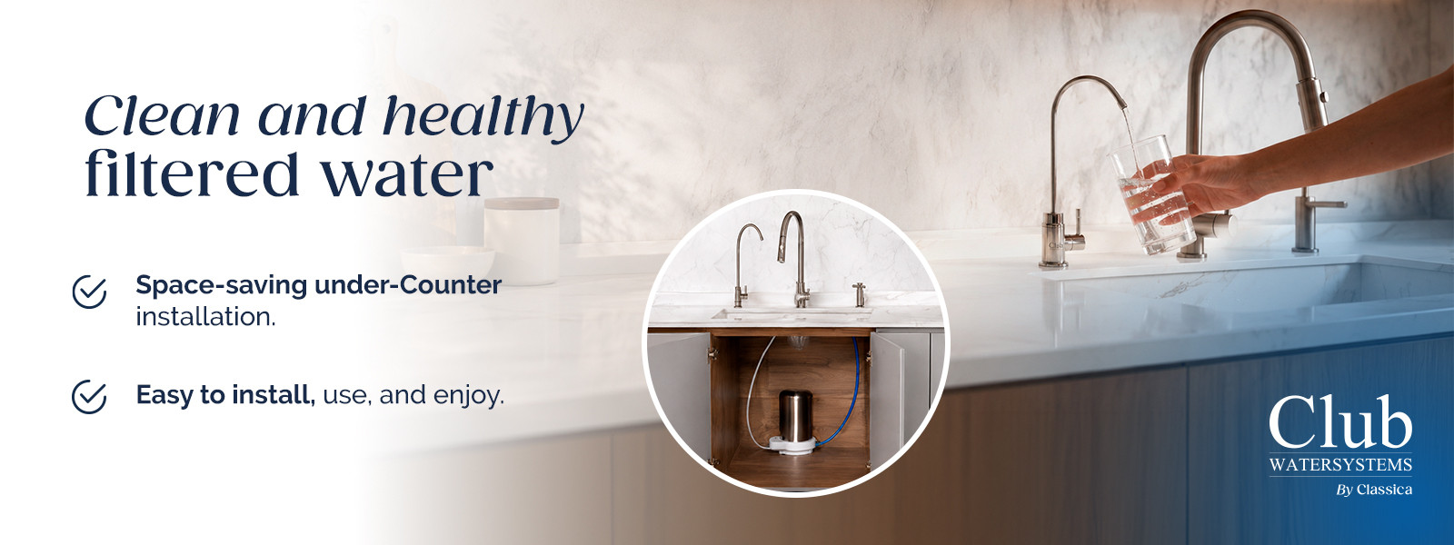 05 Classica stainless steel under counter water filter and Club WaterSystems purifier system in a modern kitchen.